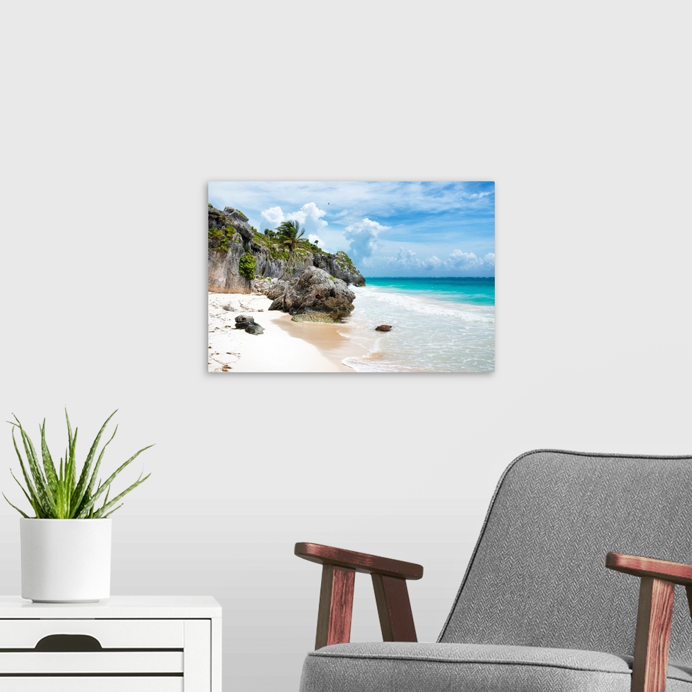 A modern room featuring Photograph of a clear and beautiful beach shore on the Caribbean, Mexico. From the Viva Mexico Co...
