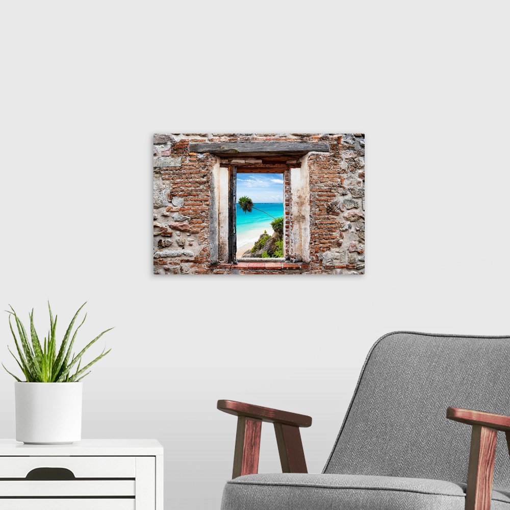 A modern room featuring View of the Caribbean coastline framed through a stony, brick window. From the Viva Mexico Window...