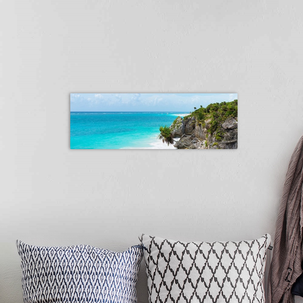 A bohemian room featuring Panoramic photograph of the beautiful, clear blue Caribbean coastline in Tulum, Mexico. From the ...
