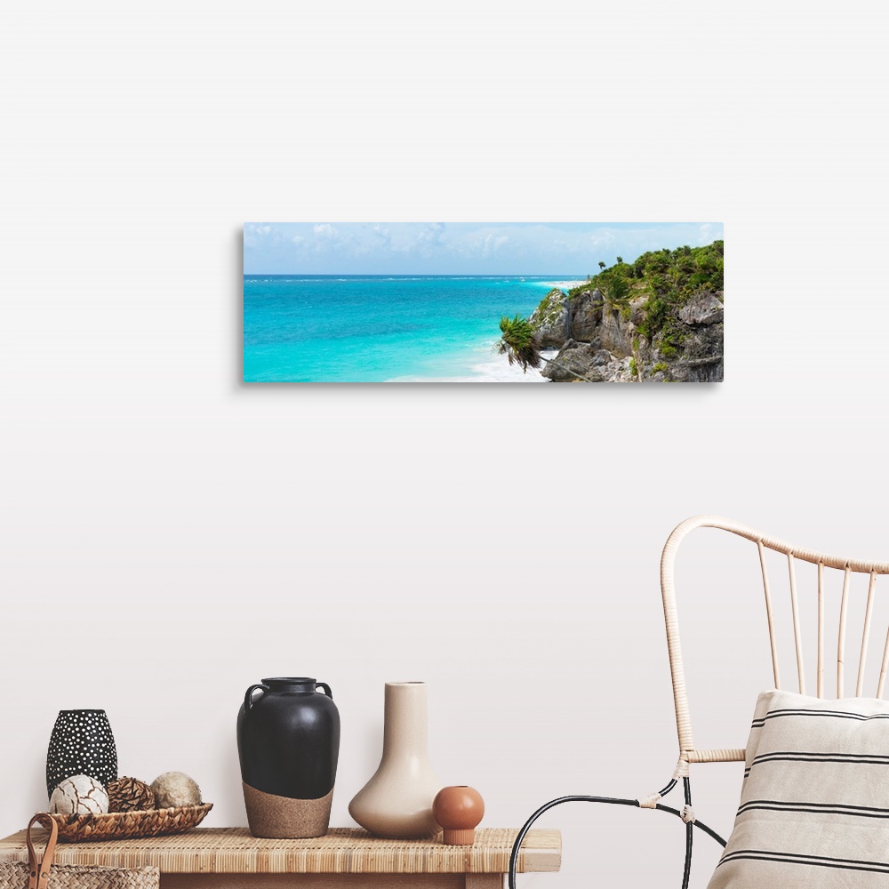A farmhouse room featuring Panoramic photograph of the beautiful, clear blue Caribbean coastline in Tulum, Mexico. From the ...