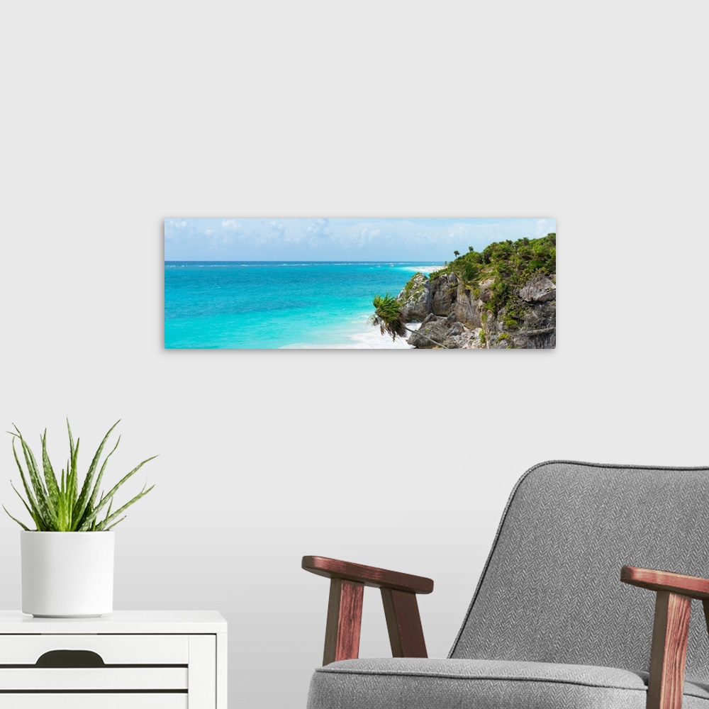 A modern room featuring Panoramic photograph of the beautiful, clear blue Caribbean coastline in Tulum, Mexico. From the ...