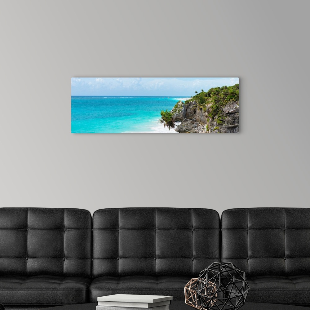 A modern room featuring Panoramic photograph of the beautiful, clear blue Caribbean coastline in Tulum, Mexico. From the ...