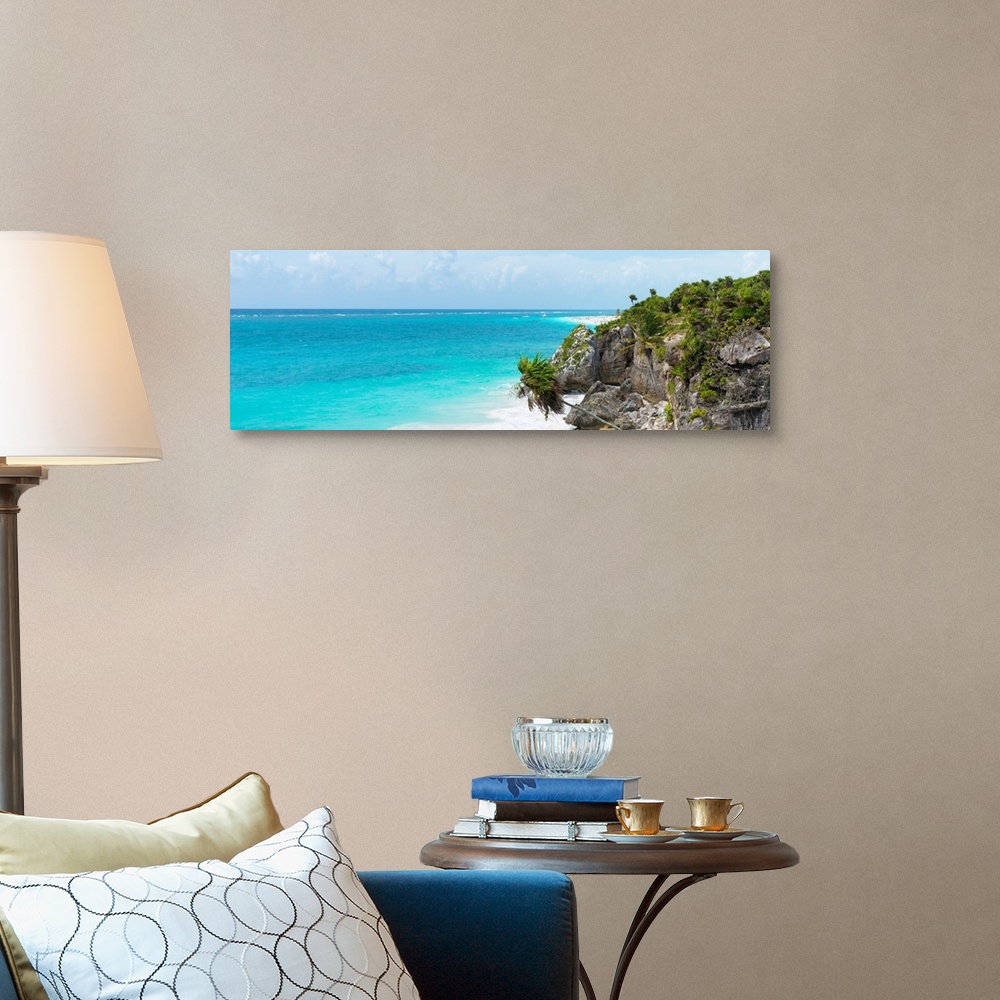 A traditional room featuring Panoramic photograph of the beautiful, clear blue Caribbean coastline in Tulum, Mexico. From the ...