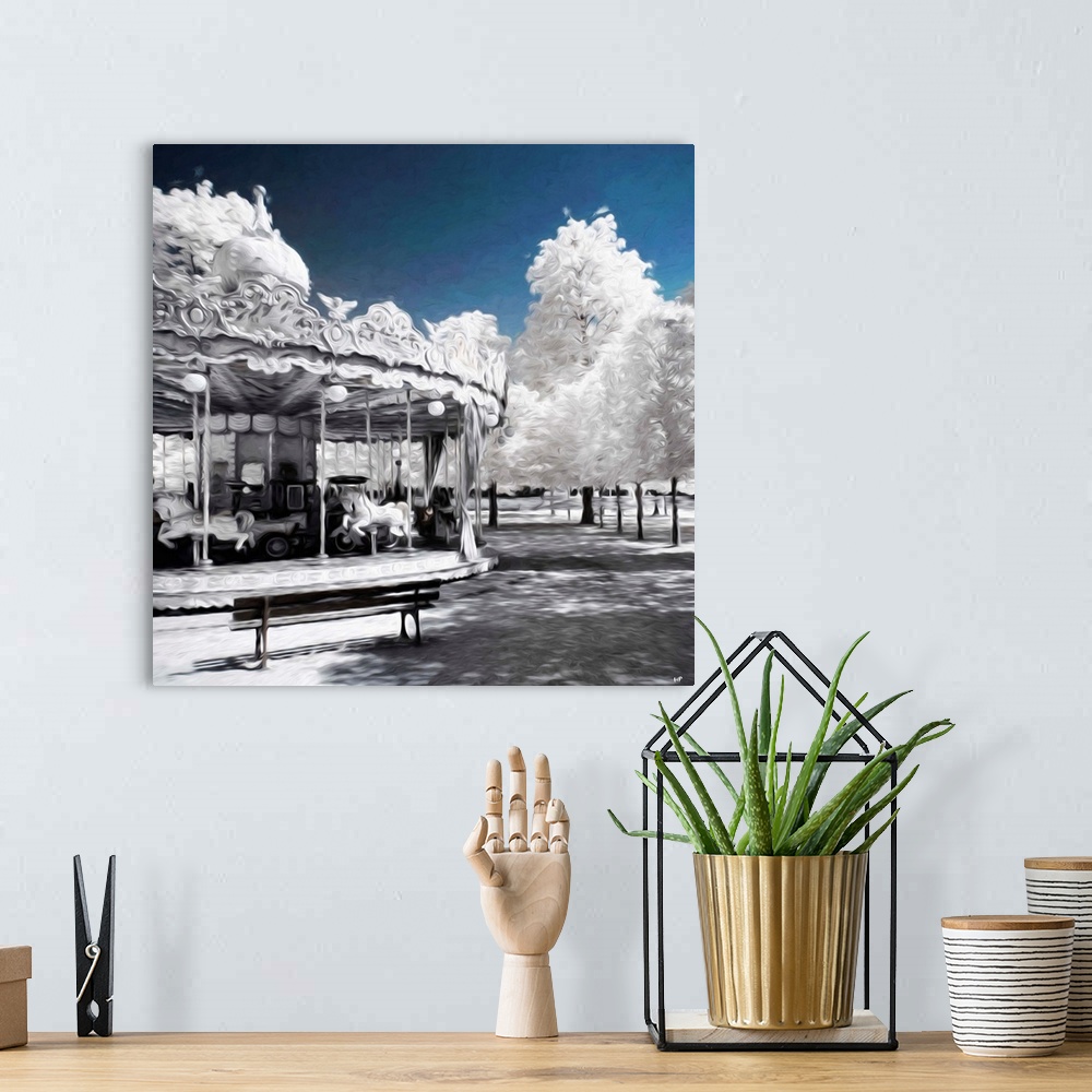 A bohemian room featuring Infrared photograph with a painterly effect of Paris.