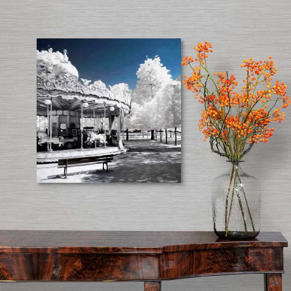 A traditional room featuring Infrared photograph with a painterly effect of Paris.