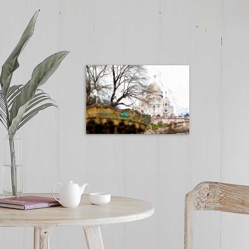 A farmhouse room featuring Photograph of Paris, France with a painterly effect.