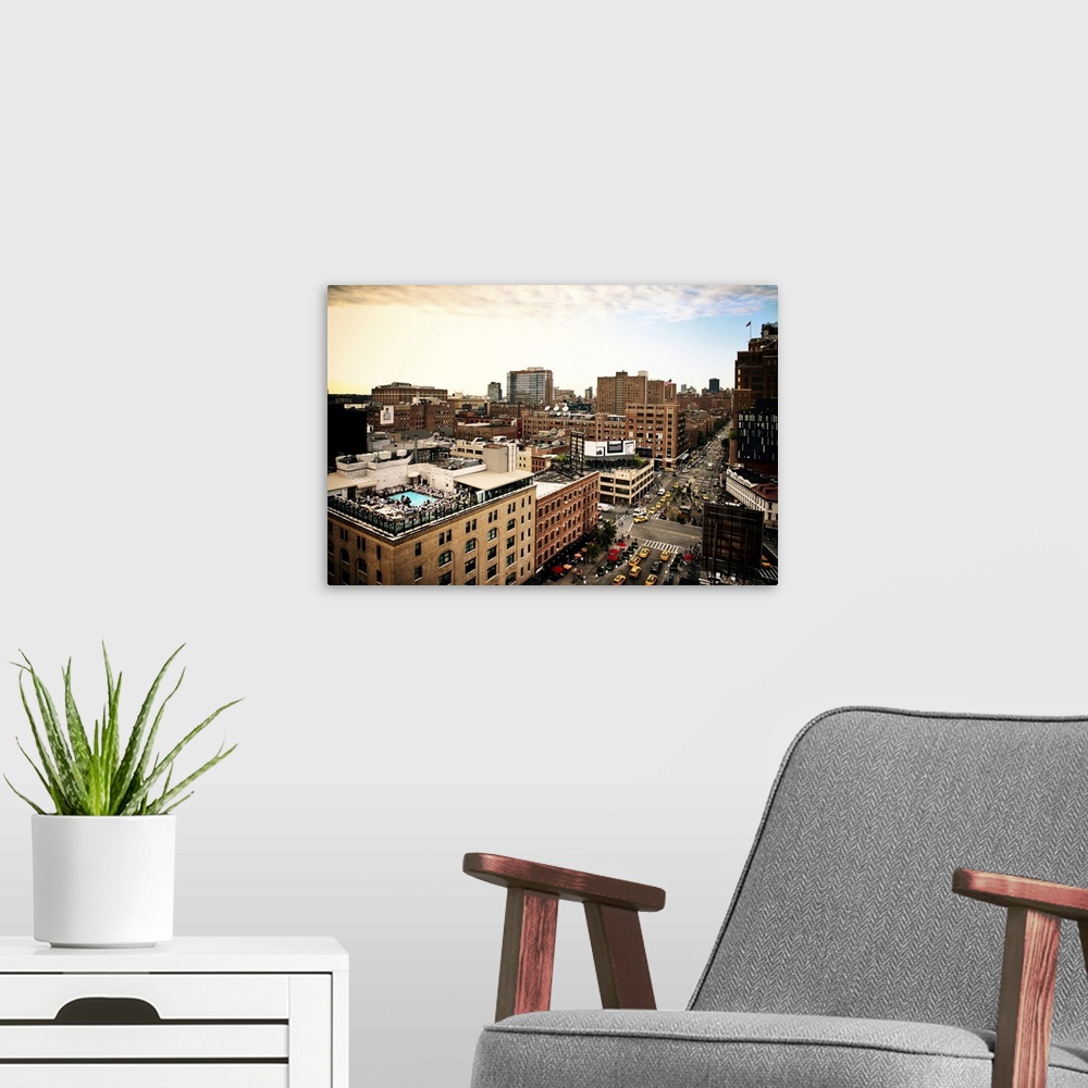 A modern room featuring Fine art photo of the New York City skyline, showing tall buildings and busy streets.