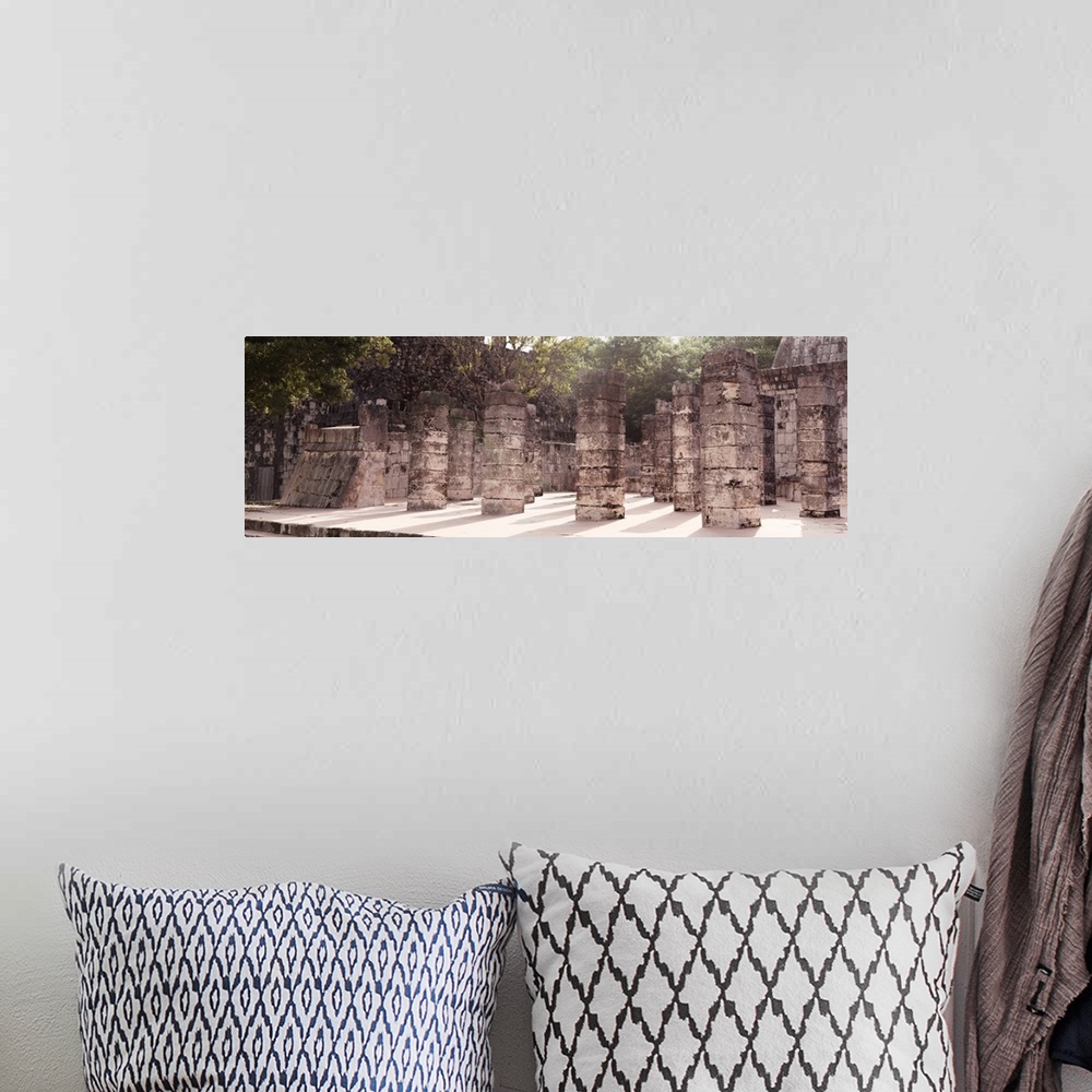A bohemian room featuring Panoramic photograph of the Once Thousand Mayan Columns at Chichen Itza, Mexico. From the Viva Me...