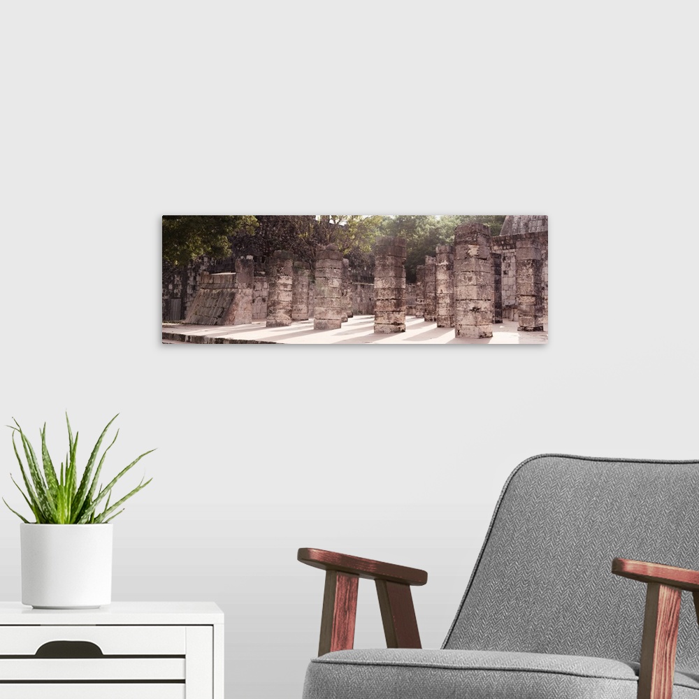 A modern room featuring Panoramic photograph of the Once Thousand Mayan Columns at Chichen Itza, Mexico. From the Viva Me...