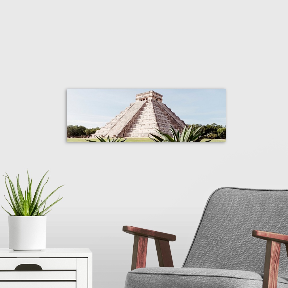 A modern room featuring Panoramic photograph of El Castillo Pyramid at Chichen Itza Maya Ruins, Yucat?n, Mexico. From the...