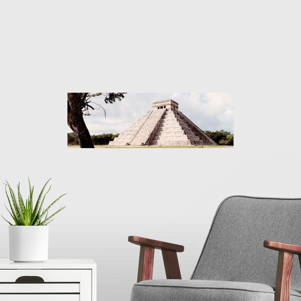 A modern room featuring Panoramic photograph of El Castillo Pyramid in in Chichen Itza, Yucat?n, Mexico. From the Viva Me...