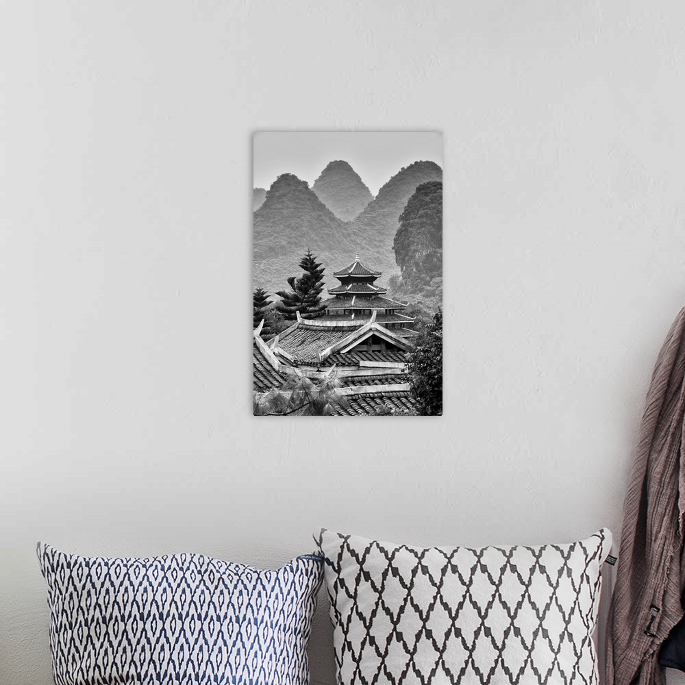 A bohemian room featuring Chinese Buddhist Temple with Karst Mountains, China 10MKm2 Collection.