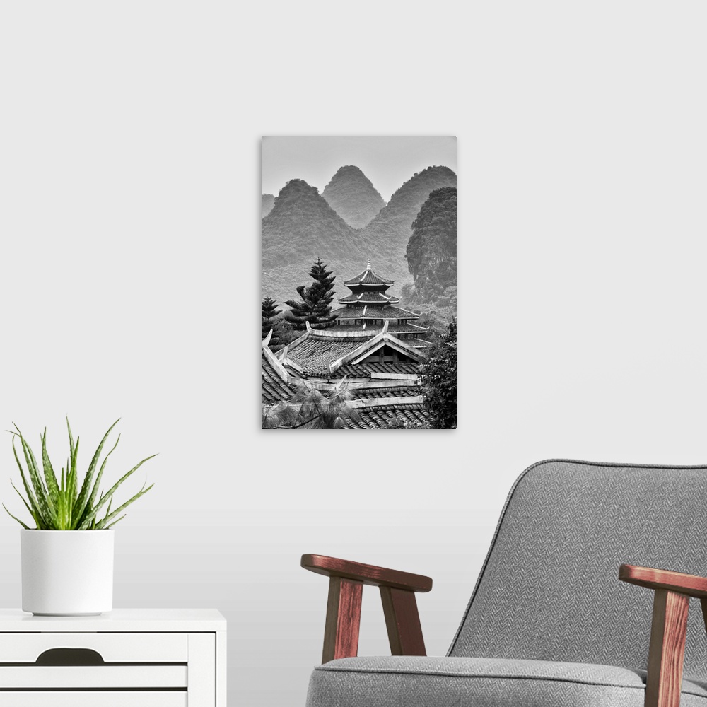 A modern room featuring Chinese Buddhist Temple with Karst Mountains, China 10MKm2 Collection.