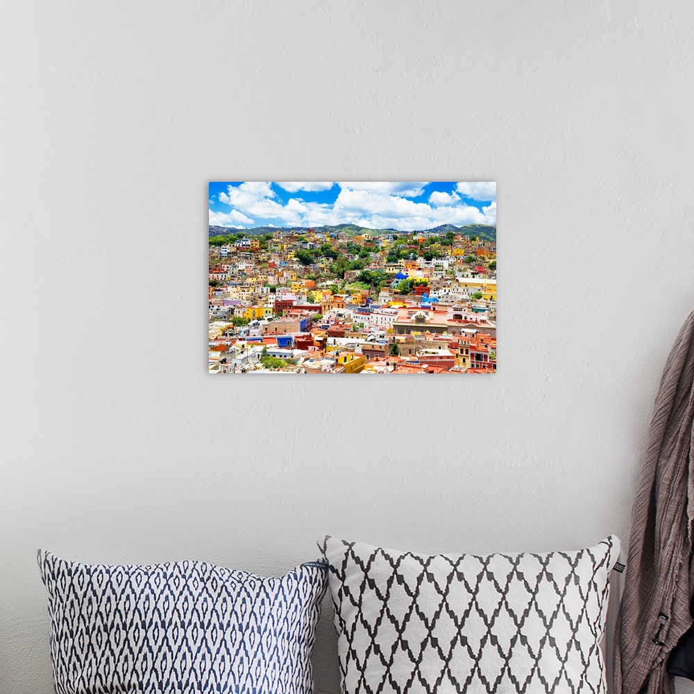 A bohemian room featuring Aerial photograph of the city of Guanajuato, Mexico, with colorful buildings and mountains in the...
