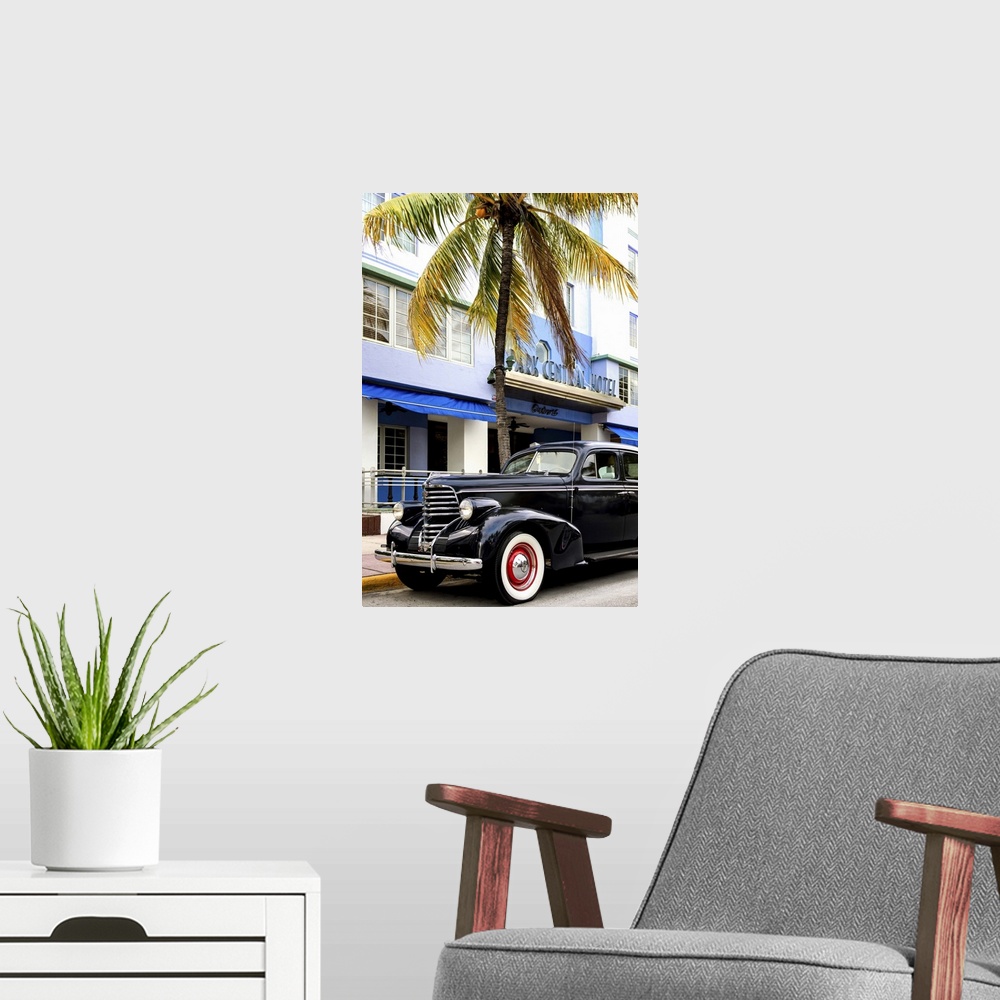 A modern room featuring Photograph of a classic car in Miami, Florida, under a palm tree.