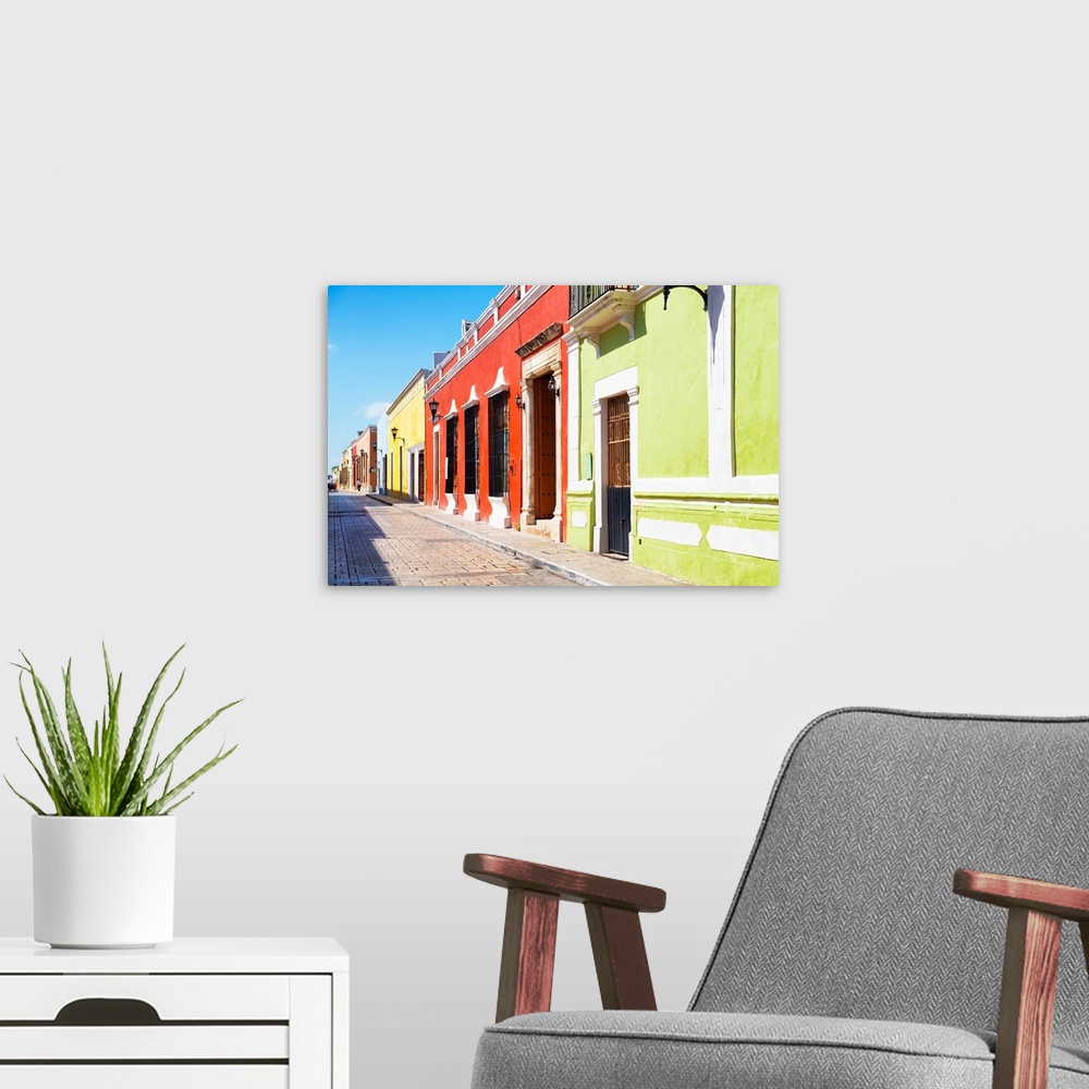 A modern room featuring Photograph of a colorful street view in Campeche, Mexico. From the Viva Mexico Collection.