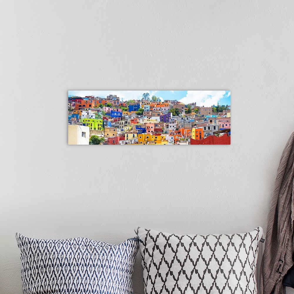 A bohemian room featuring Colorful panoramic photograph of a cityscape in Guanajuato, Mexico. From the Viva Mexico Panorami...