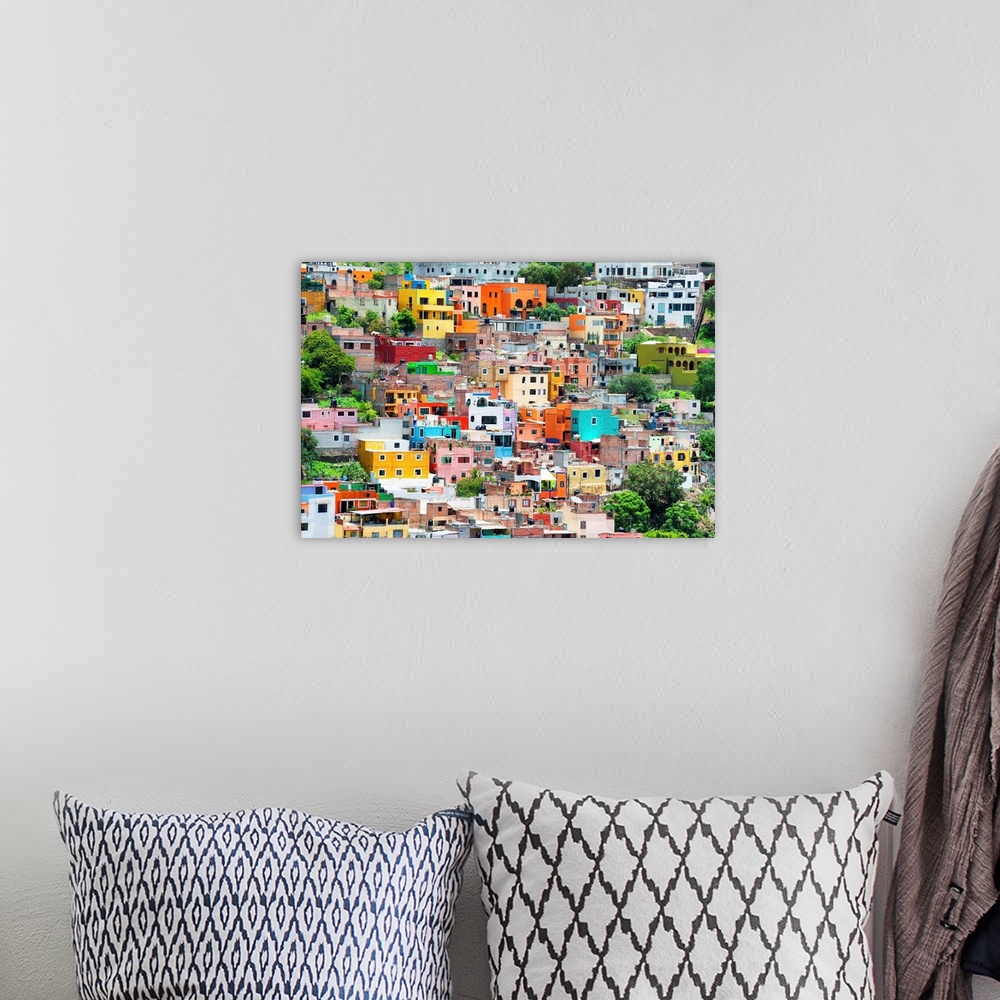 A bohemian room featuring Colorful cityscape photograph of Guanajuato, Mexico. From the Viva Mexico Collection.