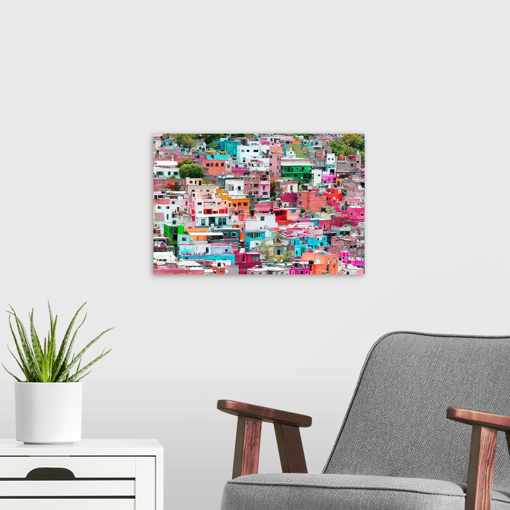A modern room featuring Warm cityscape photograph of Guanajuato, Mexico. From the Viva Mexico Collection.