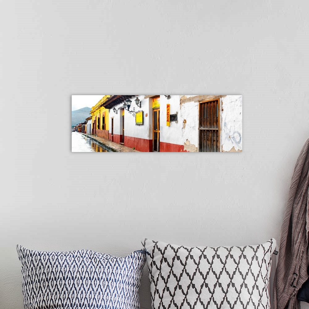 A bohemian room featuring Panoramic photograph of an overcast and rainy street scene by a pizza shop in Mexico. From the Vi...