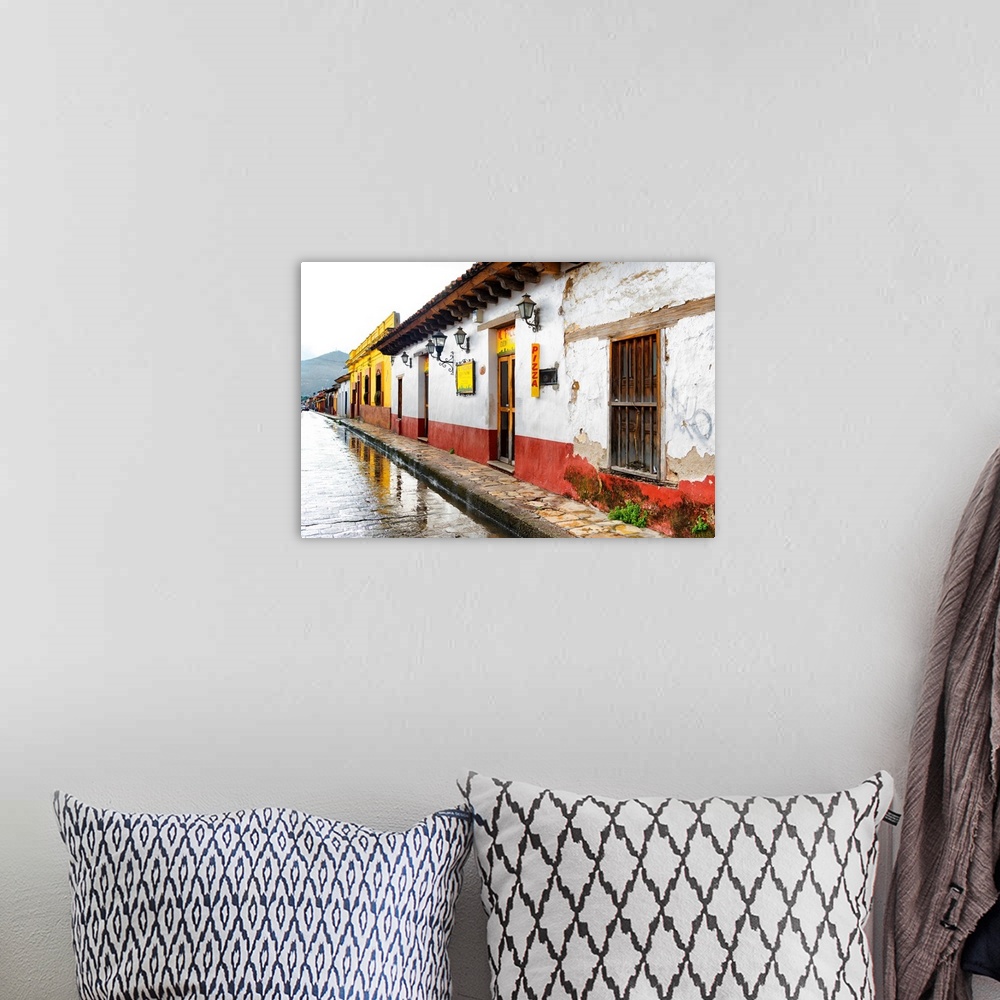 A bohemian room featuring Photograph of an overcast and rainy street scene by a pizza shop in Mexico. From the Viva Mexico ...