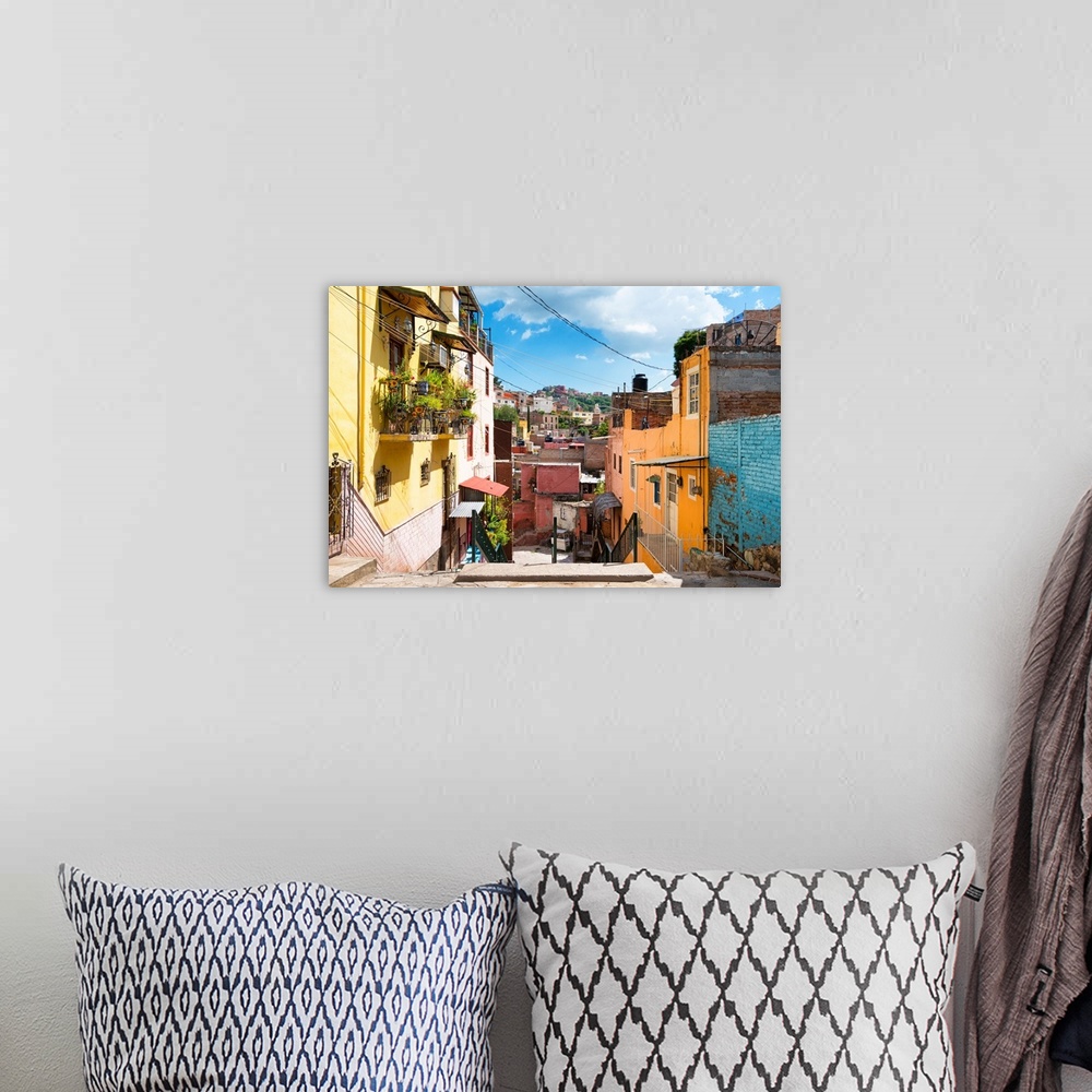 A bohemian room featuring Photograph of a colorful streetscape in Guanajuato. From the Viva Mexico Collection.