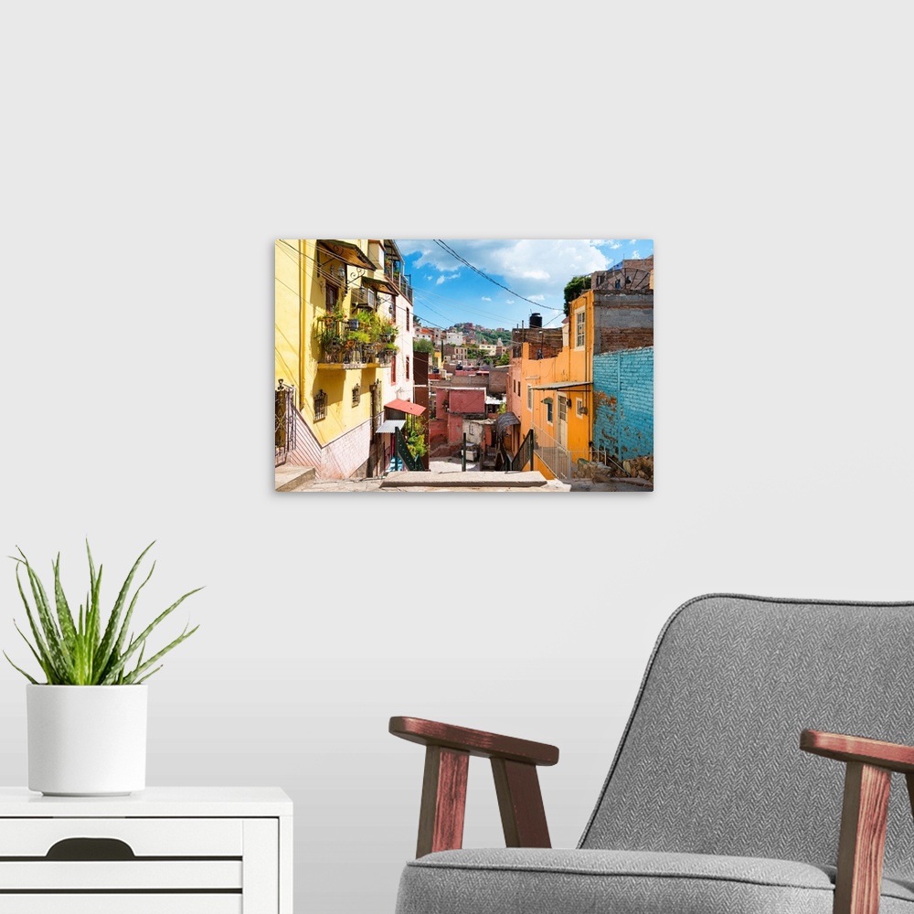 A modern room featuring Photograph of a colorful streetscape in Guanajuato. From the Viva Mexico Collection.