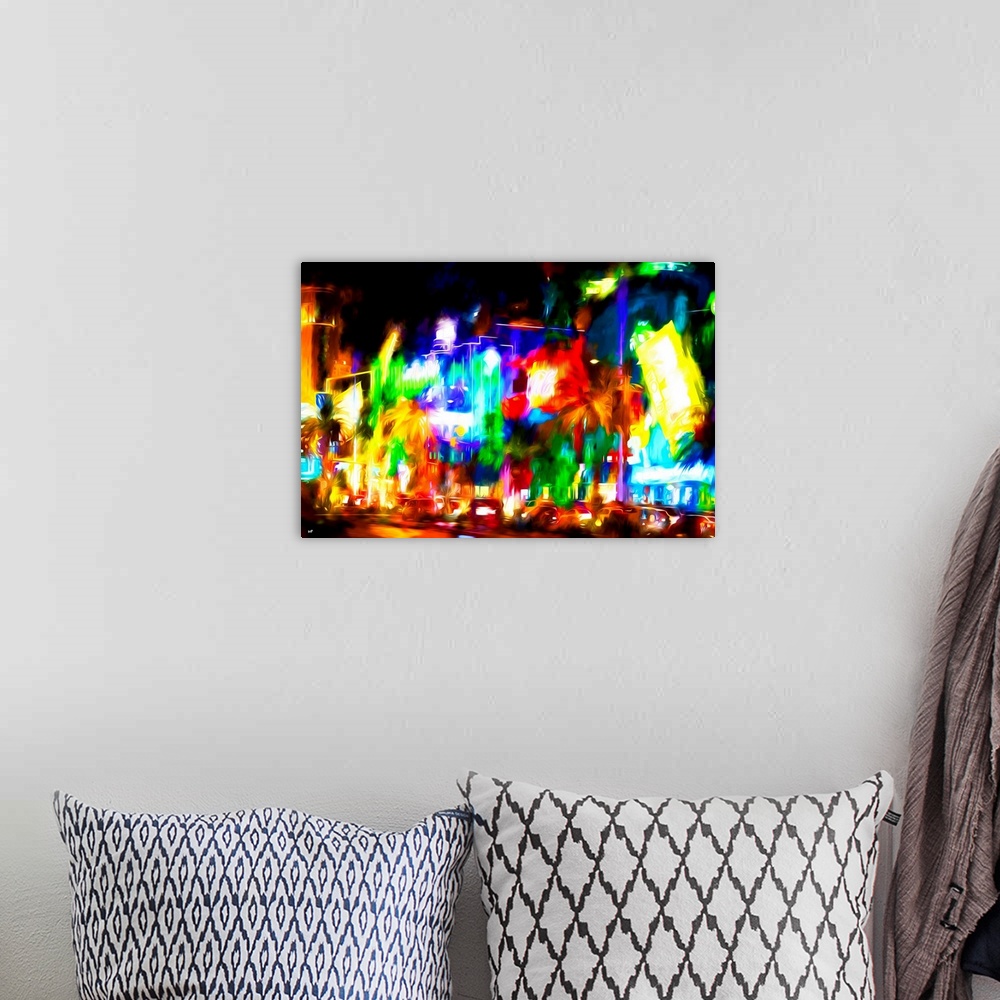 A bohemian room featuring Photograph with a painterly effect of Las Vegas lit up at night.