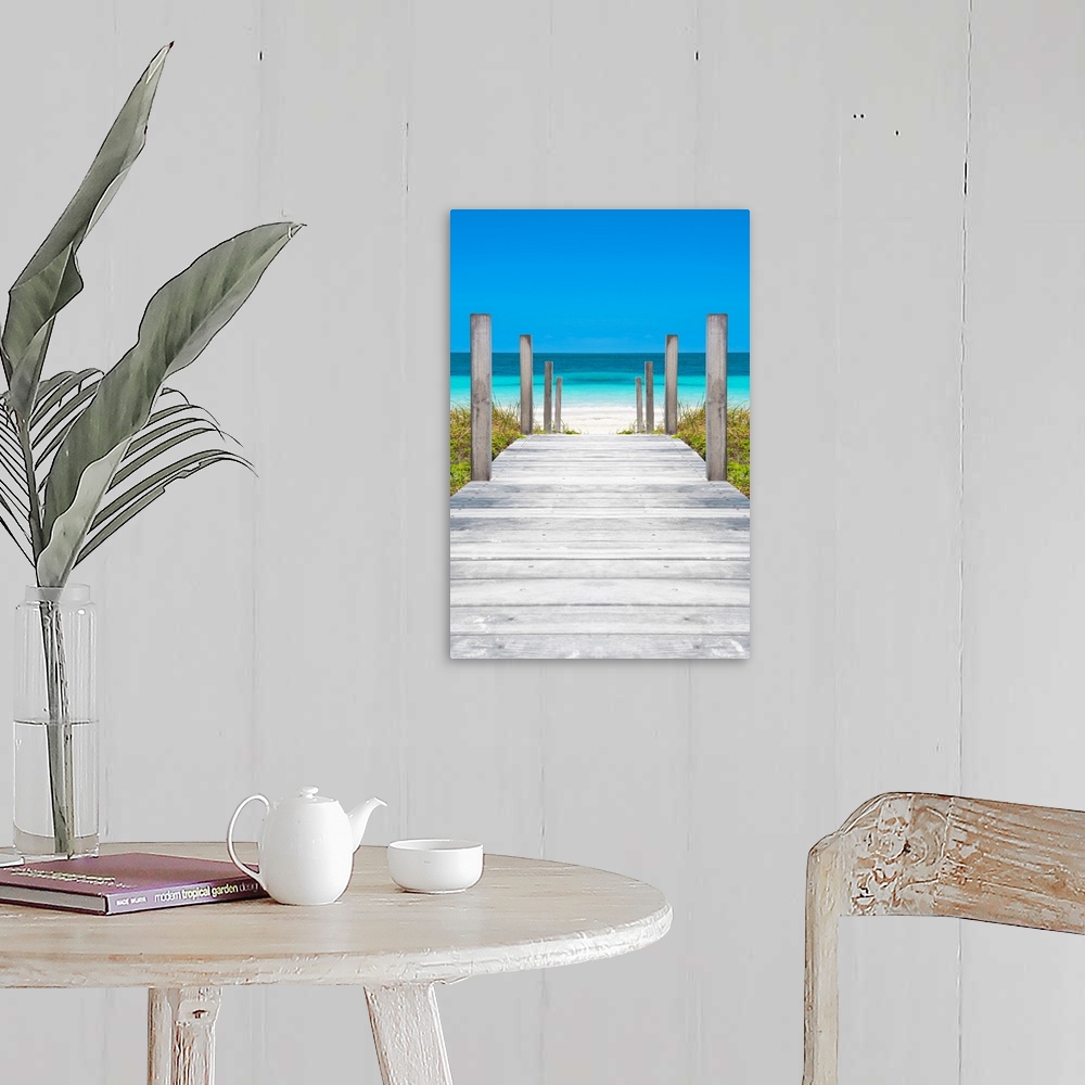 A farmhouse room featuring Photograph of a wooden boardwalk leading straight to the crystal blue ocean in Cuba.