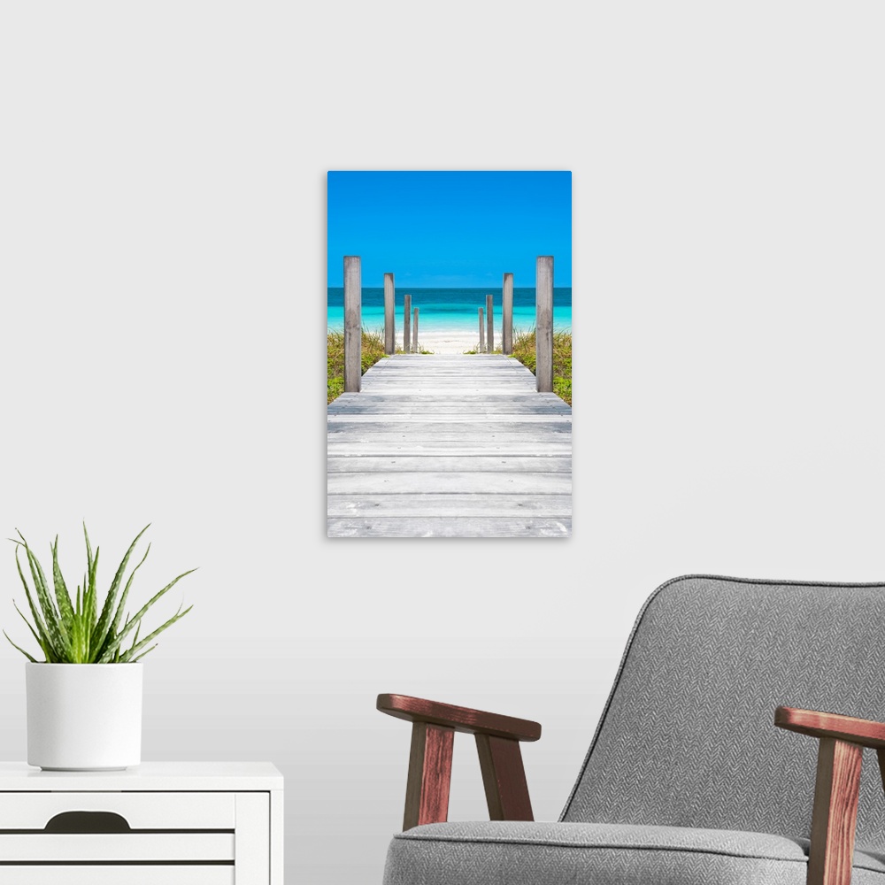 A modern room featuring Photograph of a wooden boardwalk leading straight to the crystal blue ocean in Cuba.