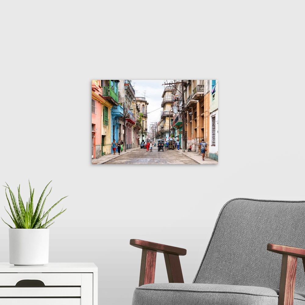 A modern room featuring Photograph of a busy street scene in Havana, Cuba with colorful buildings lining the streets and ...