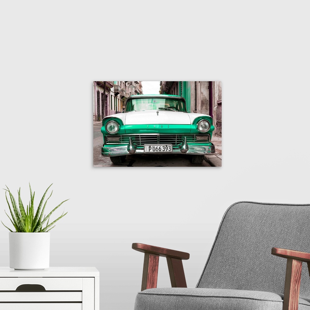 A modern room featuring Photograph of a vintage green and white Ford parked in downtown Havana.
