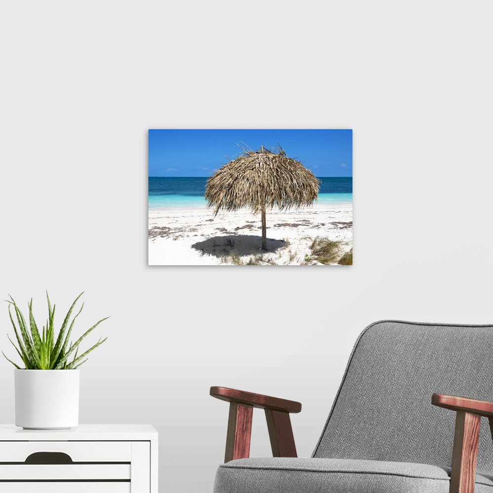 A modern room featuring Photograph of an umbrella made with natural materials on a beautiful beach in Cuba.