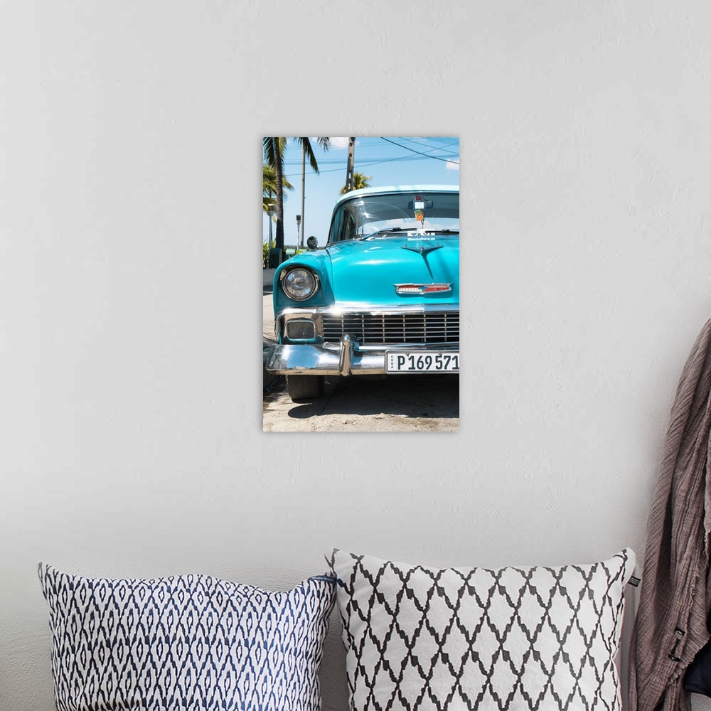A bohemian room featuring Photograph of a turquoise vintage Chevy taxi in Havana, Cuba