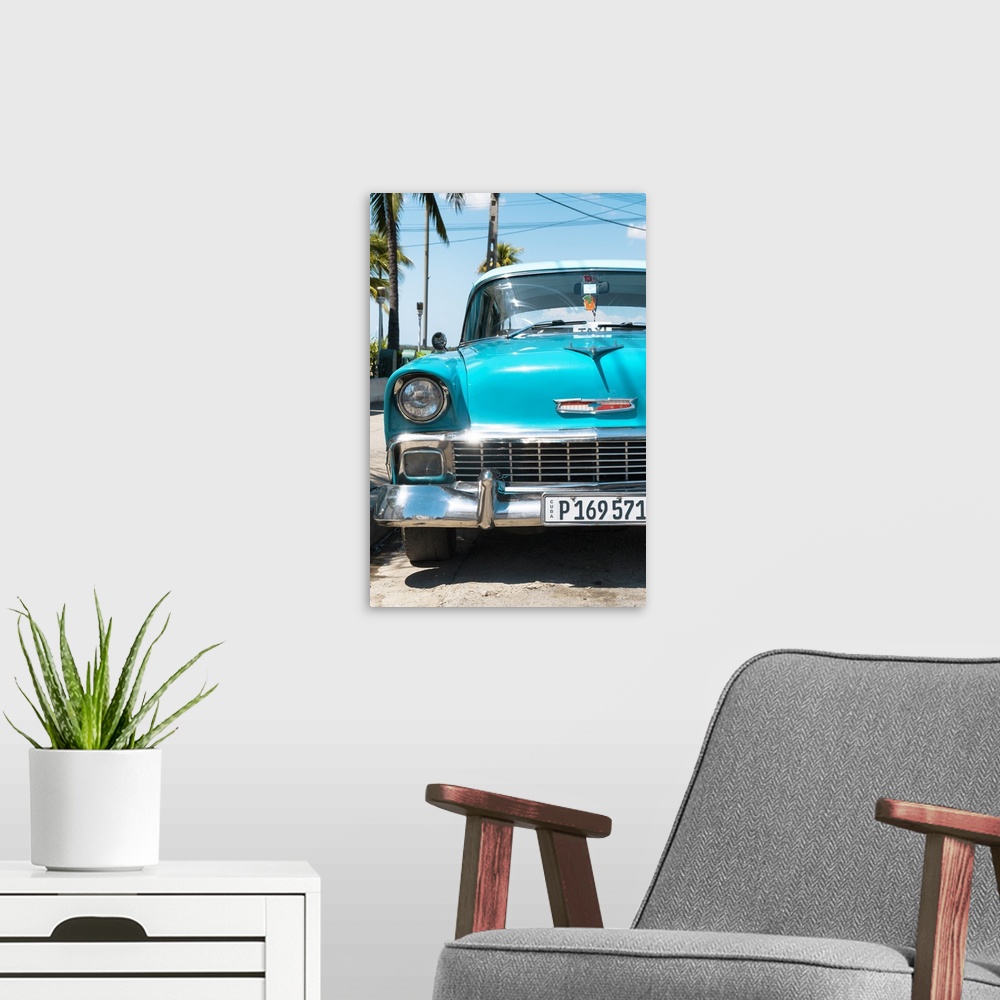 A modern room featuring Photograph of a turquoise vintage Chevy taxi in Havana, Cuba