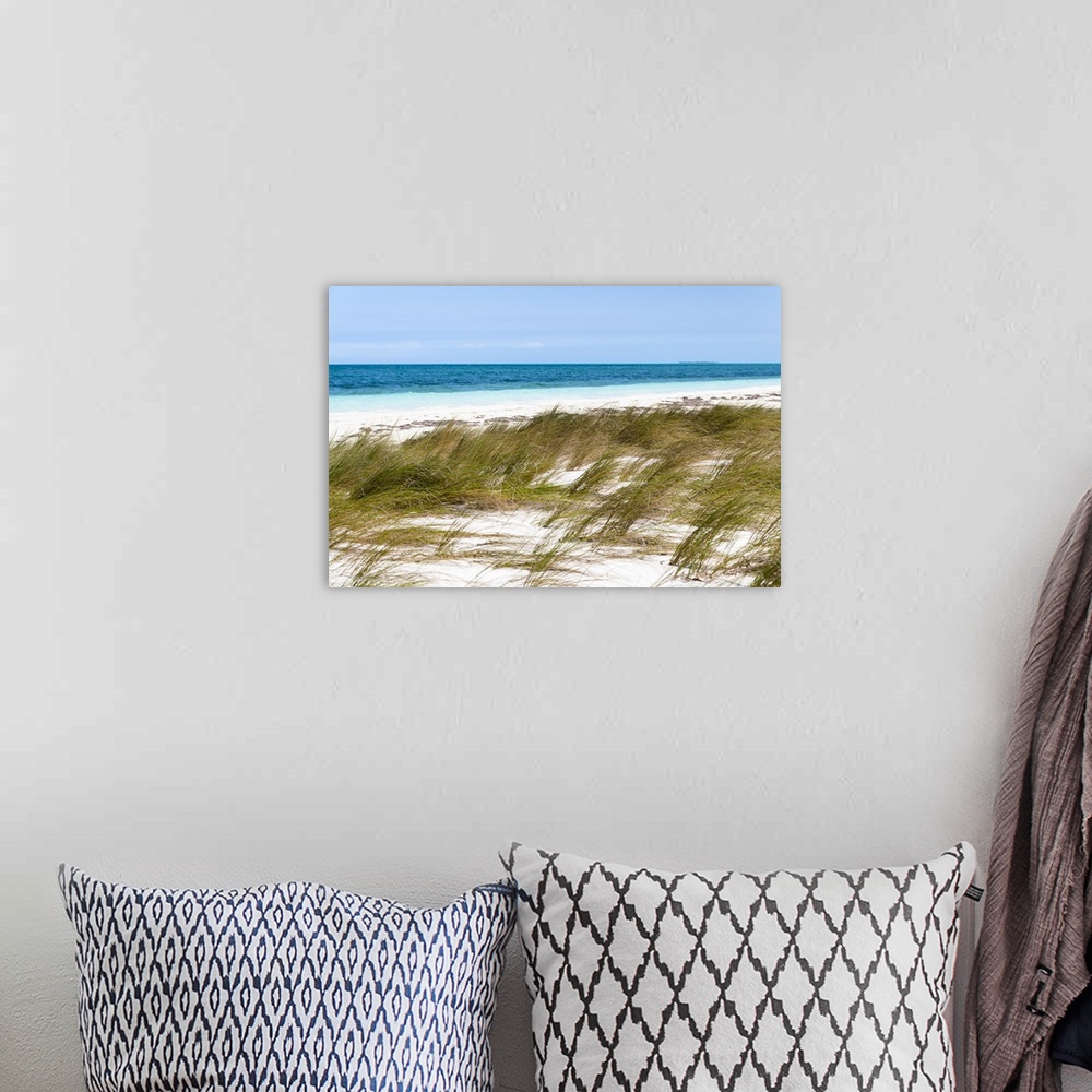 A bohemian room featuring Landscape photograph of beach grass moving in the wind with the ocean in the background.