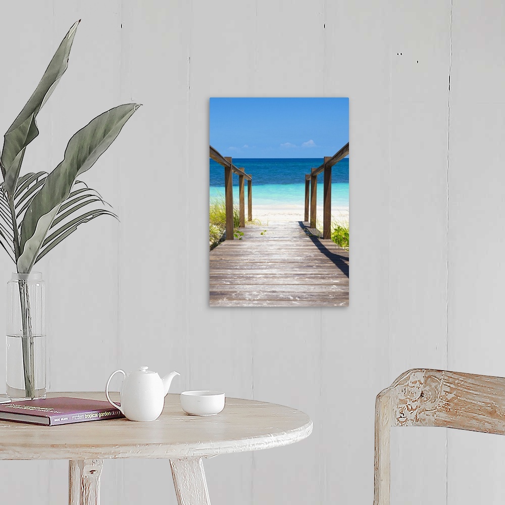 A farmhouse room featuring Photograph of a wooden walkway leading onto a beach in Cuba with crystal blue waters.