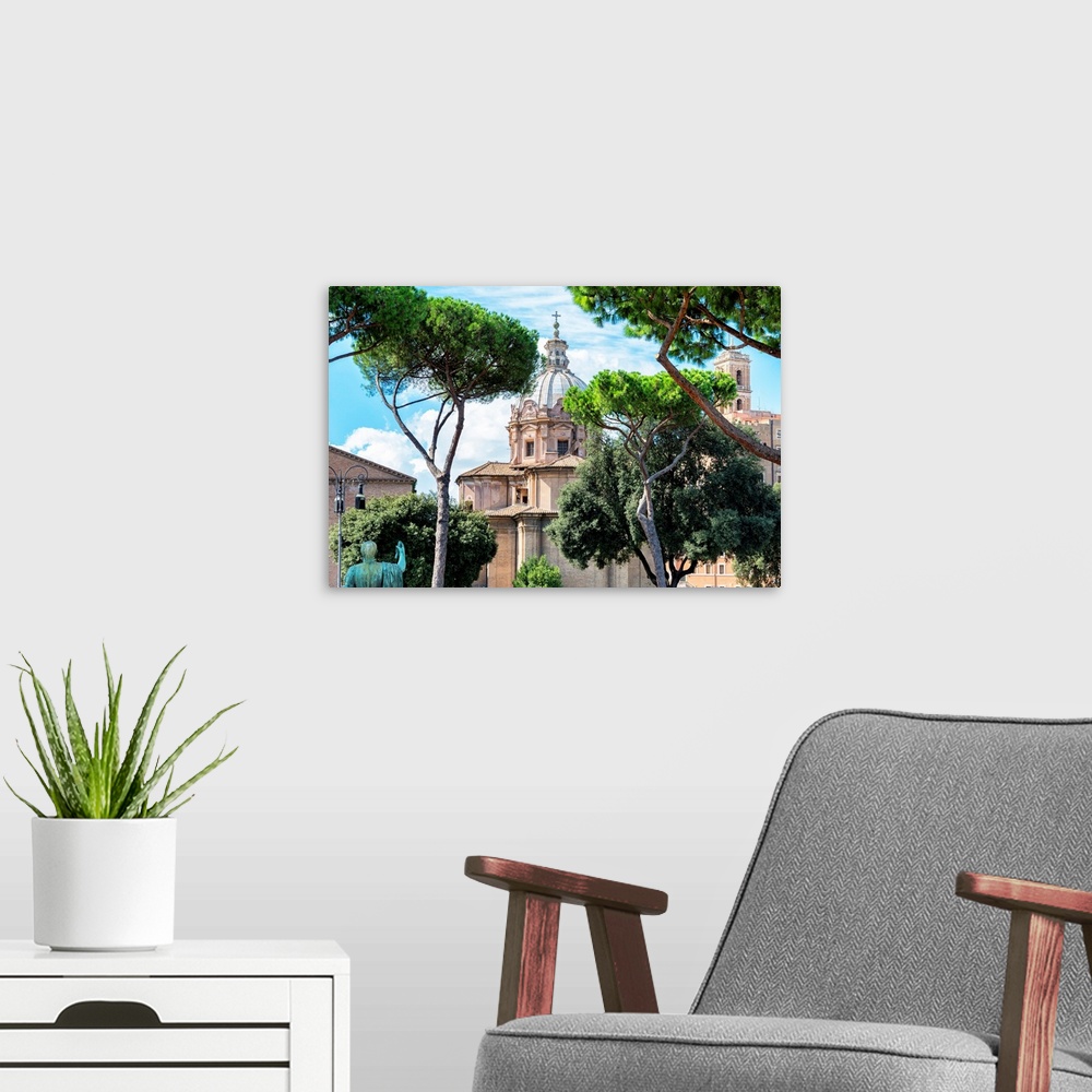 A modern room featuring It's a view of a church between the trees in the city center of Rome in Italy.