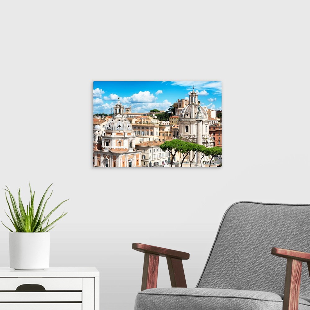 A modern room featuring It's a beautiful view of the typical architecture of the city of Rome in Italy.