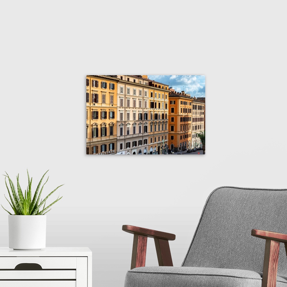 A modern room featuring These are buildings with orange facades typical of the city of Rome, Italy.
