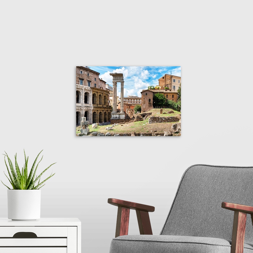 A modern room featuring These are ancient roman ruins located in the city center of Rome in Italy.
