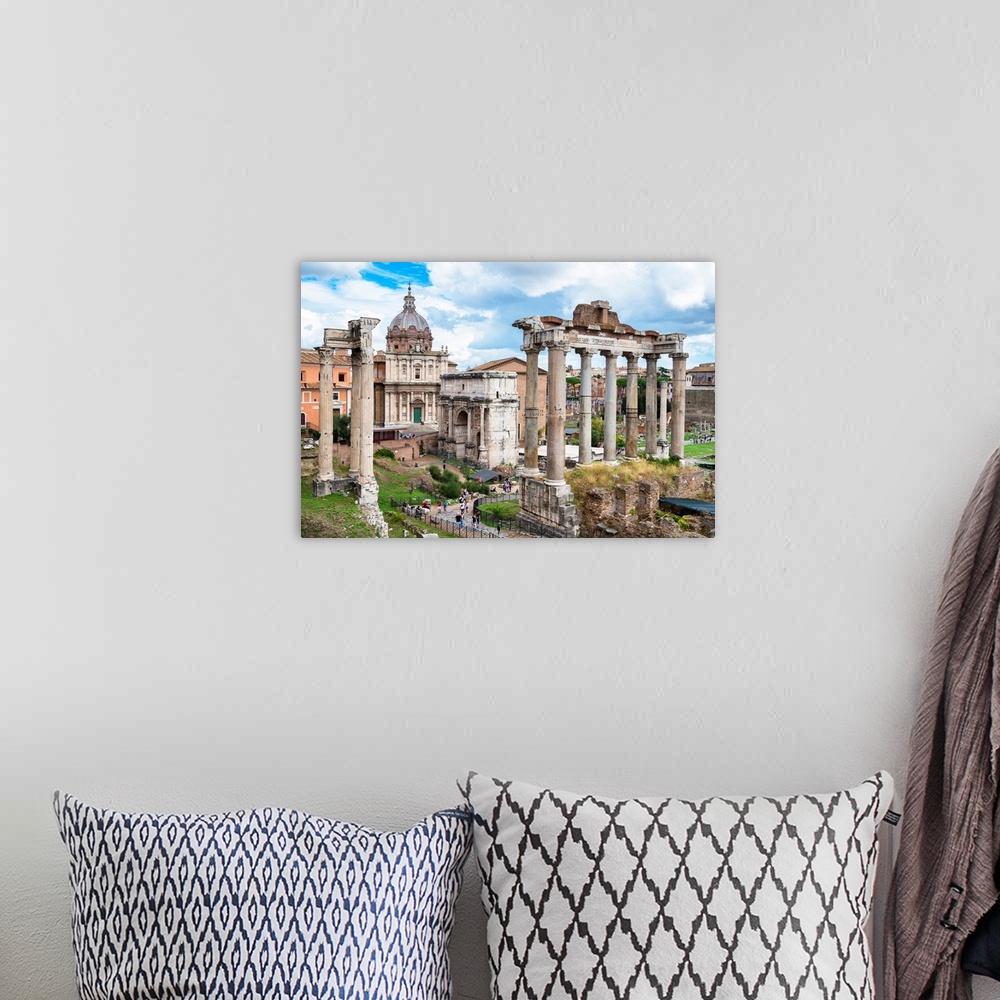 A bohemian room featuring It's the ancient columns in roman forum in rome and road going our of the city, Italy.