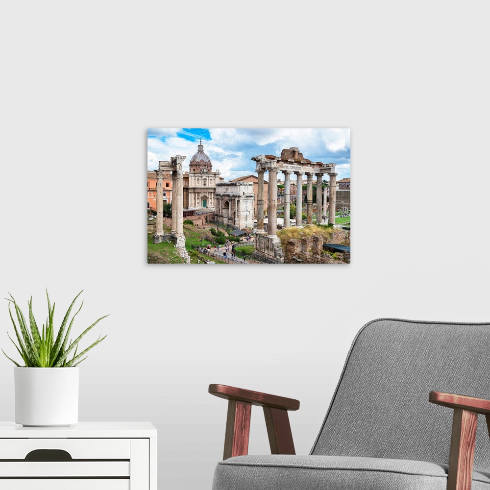 A modern room featuring It's the ancient columns in roman forum in rome and road going our of the city, Italy.