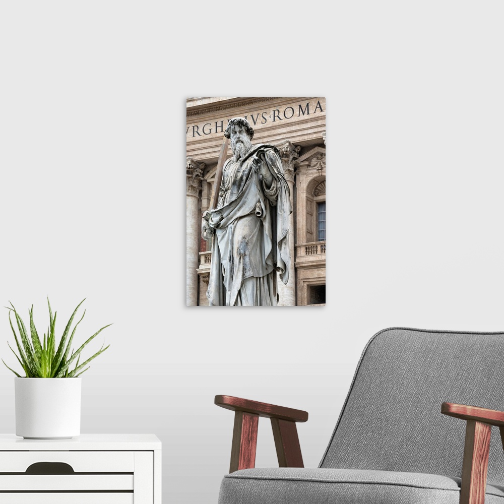 A modern room featuring It's a roman sculpture on the exterior of St. Peter's Basilica located in Vatican City.