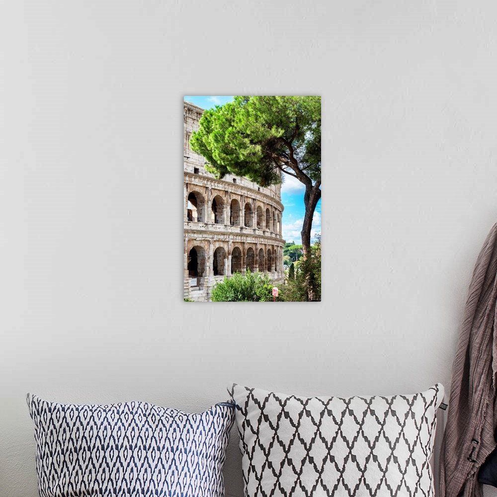 A bohemian room featuring It's a view of the Colosseum in the centre of the city in Rome, Italy.