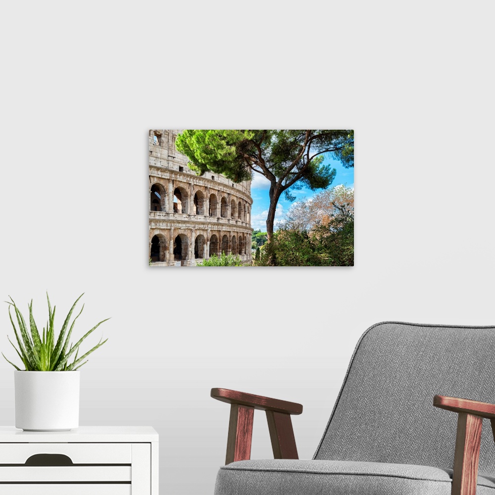 A modern room featuring It's a view of the Colosseum in the centre of the city in Rome, Italy.