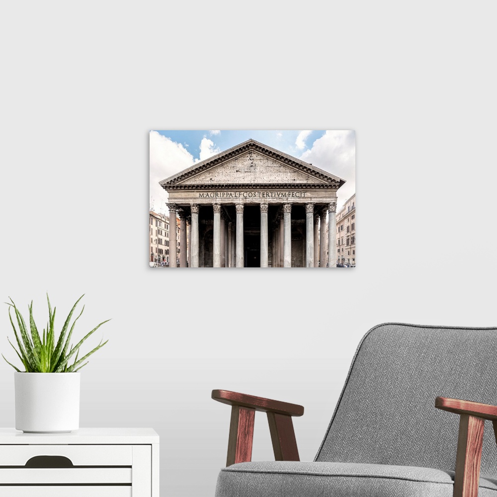 A modern room featuring It's the beautiful facade of Pantheon located in the city center of Rome, Italy.