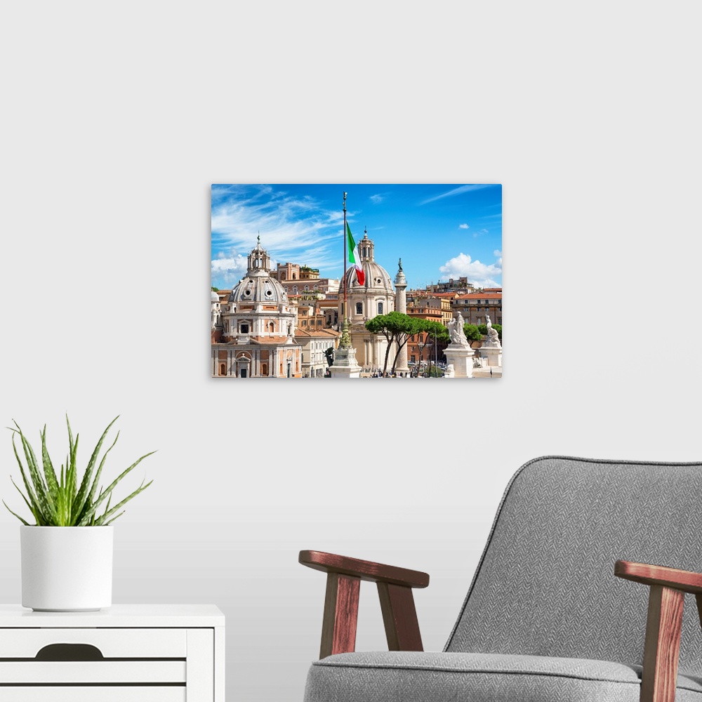 A modern room featuring It's a view of the architecture of the city center of Rome with the Italian flag.