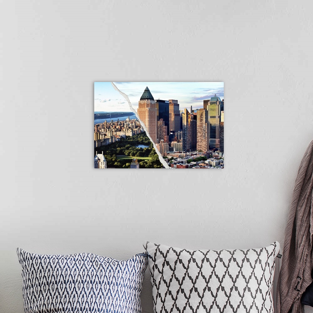 A bohemian room featuring Two torn photographs of New York city landmark sites put together to make one image.