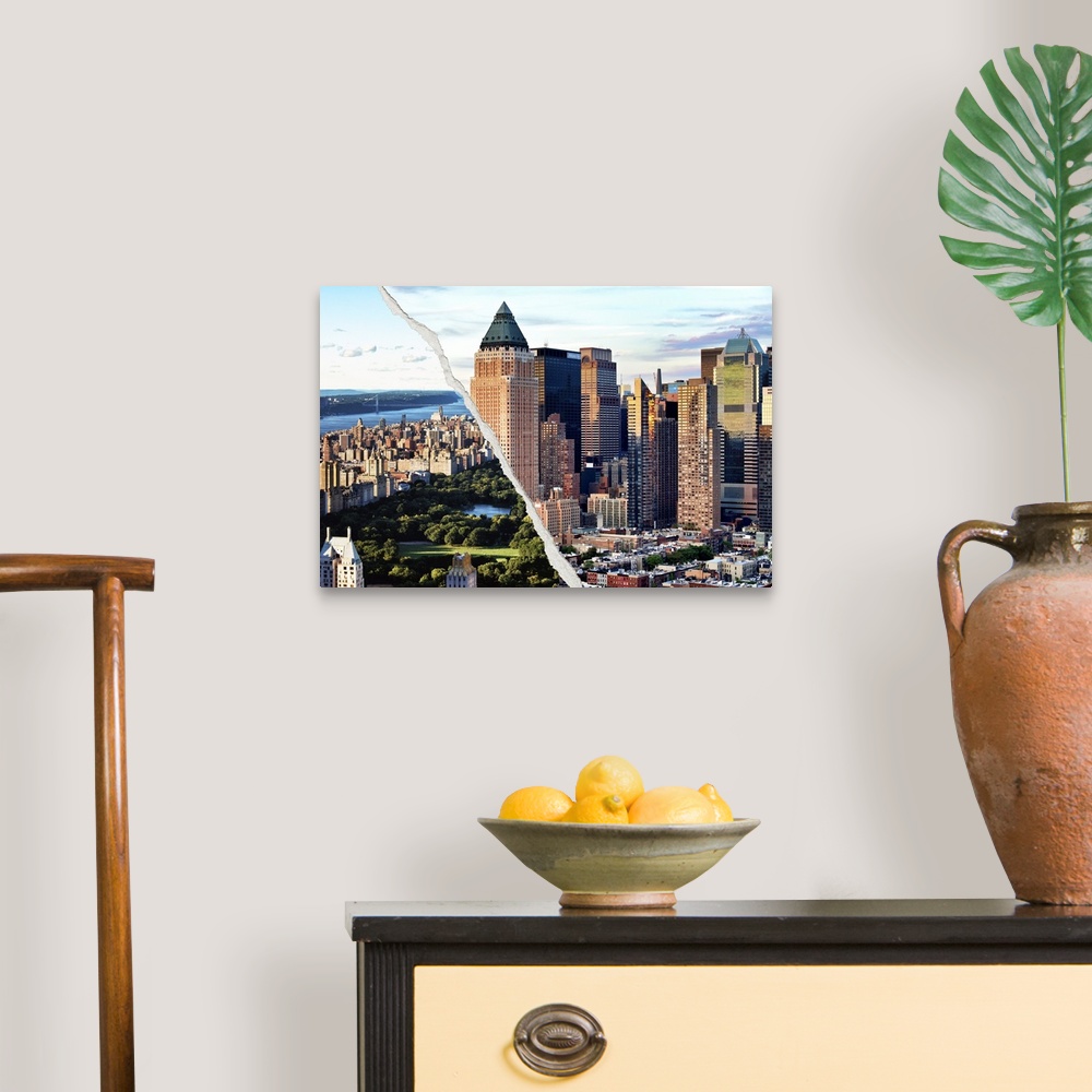 A traditional room featuring Two torn photographs of New York city landmark sites put together to make one image.